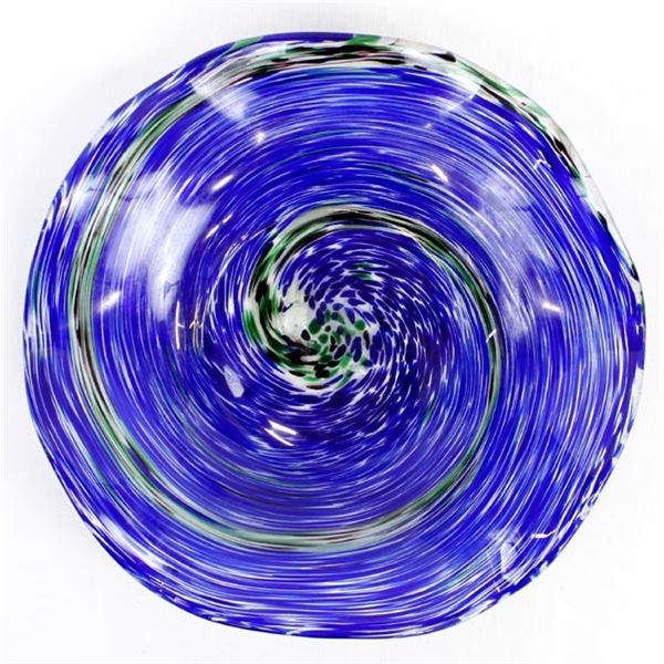 Hand Blown Blue and Green Glass Ruffled Rim Bowl