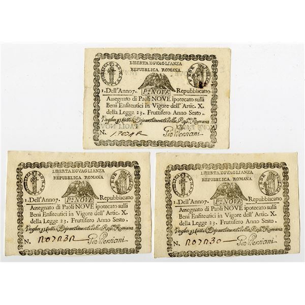 Italy, Repubblica Romana, 1798, 9 Paoli, P-S539, Issued Banknote Trio.