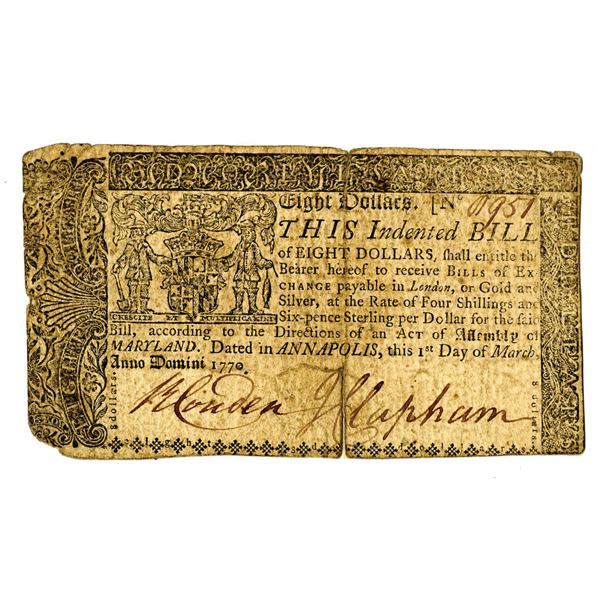 Maryland Colonial Banknote, March 1st, 1770, $8 Issued Colonial Banknote.