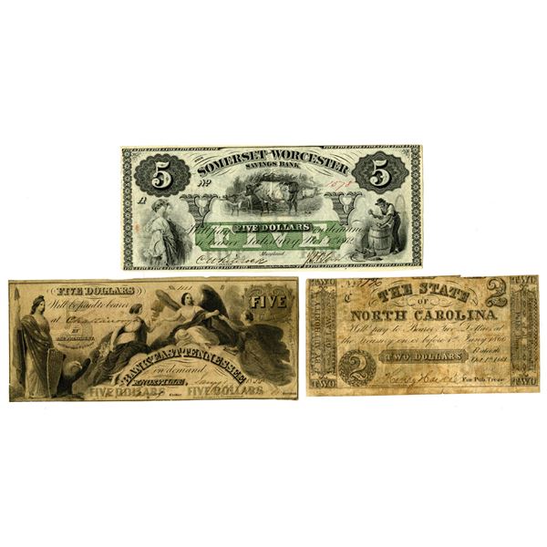 Tennessee, Maryland, and North Carolina, 1855-1862 Trio of Obsolete Banknotes.