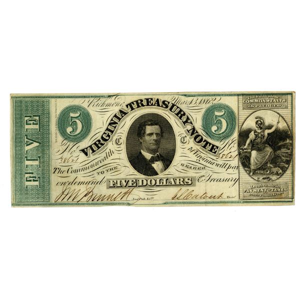 Virginia Treasury Note, 1862 Issued Obsolete Banknote.