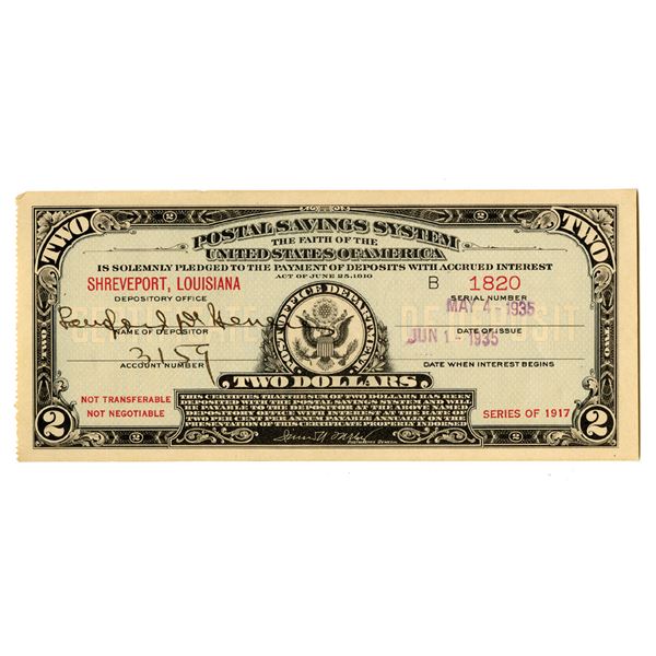 Shreveport, Louisiana. 1935, $2, Series of 1917, Postal Savings System of the U.S.A.