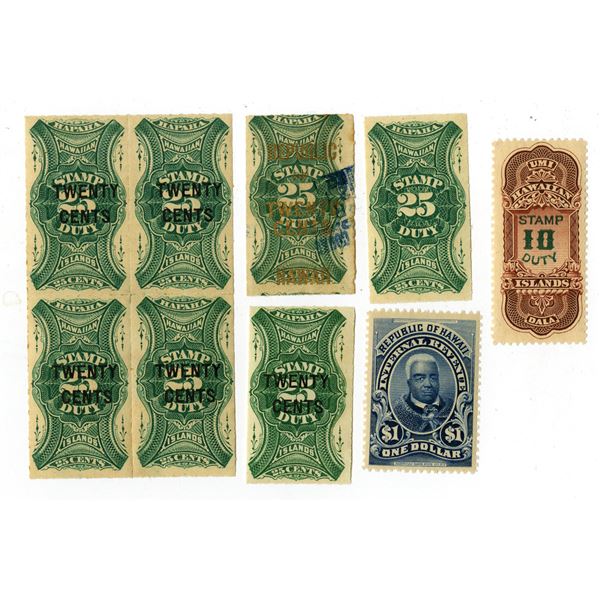 Hawaii Revenue Assortment, 1877 to 1897 Lot of 5 Stamps and 1 Block of 4.