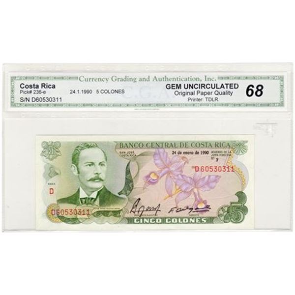 COSTA RICA. P#236e 1990 Five Colones CGA MS-68