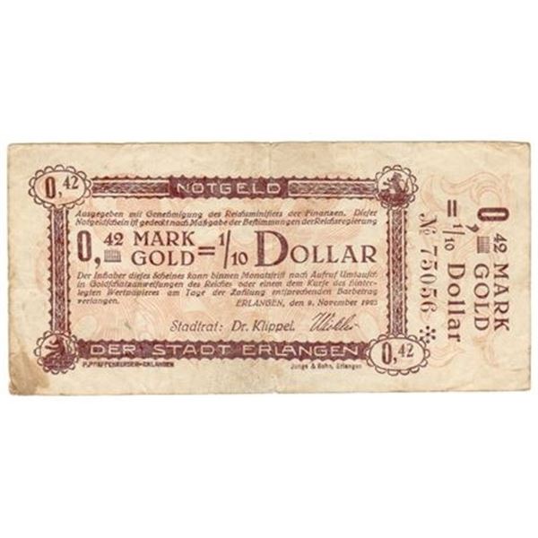 NOTGELD: GERMANY, Erlangen. 1923 0.42 Gold Mark