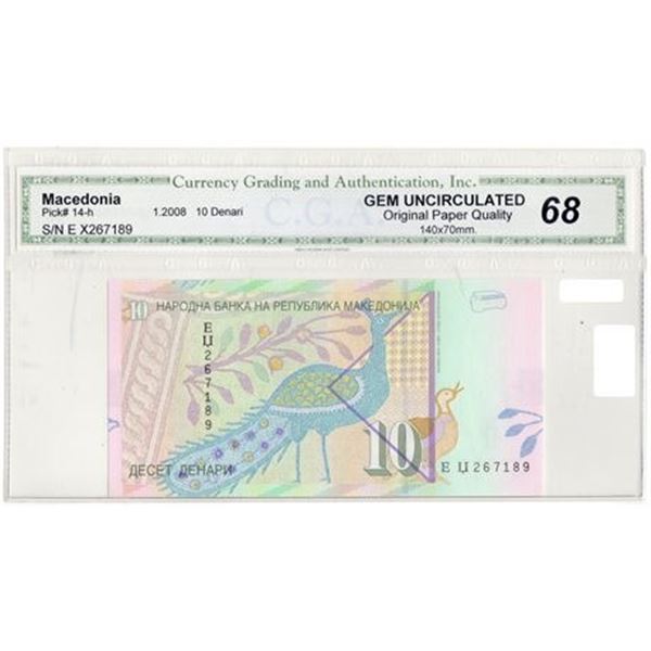 MACEDONIA. P#14-h 2008 Ten Denari CGA MS-68 OPQ