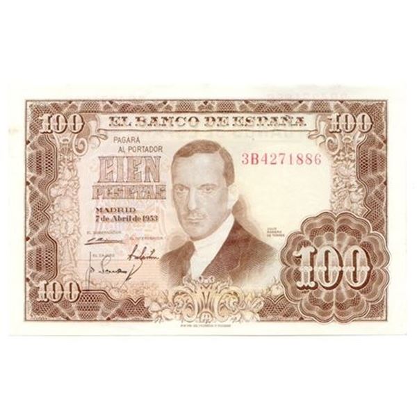 SPAIN. P#145 1953 100 Pesetas