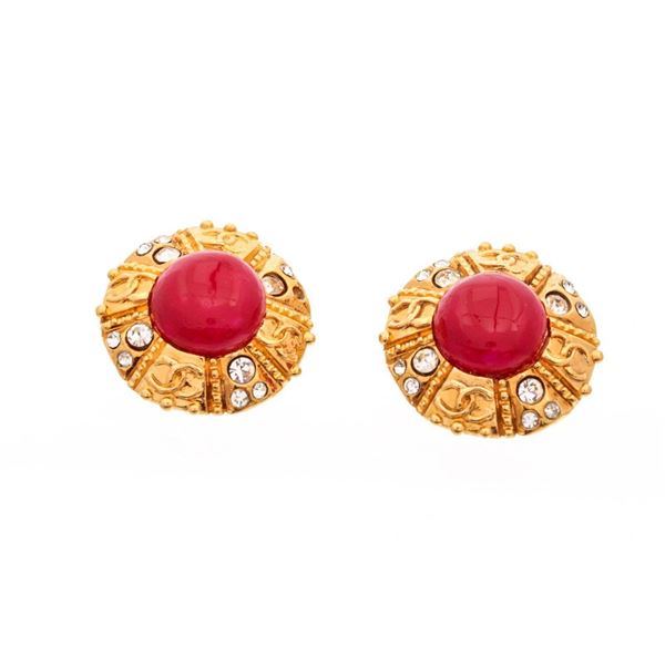 Chanel Gold Red CC Round Earrings