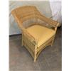 Image 2 : 4 Wicker Patio Chairs with Yellow Cushions 27" W x 20 1/2" D x 33 3/4" H (shows wear and  tear)