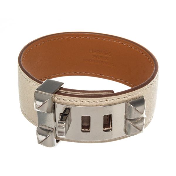 Hermes Beige Leather Palladium Plated Collier de Chien CDC Bracelet
