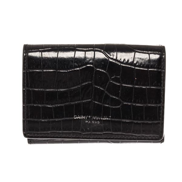 Yves Saint Laurent Black Embossed Leather Tri-fold Wallet