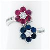 Image 1 : Estate 14k White Gold Round Sapphire Ruby & Diamond Flower Cluster Bypass Ring