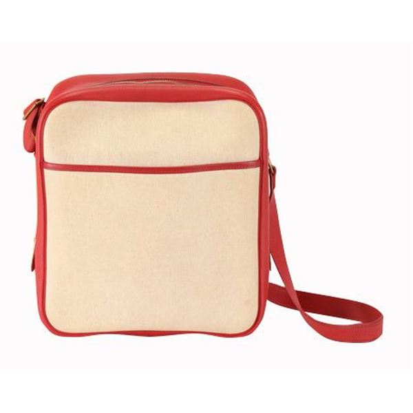 Hermes Rouge Garance Red Leather andamp; Beige Toile Canvas Victoria Messenger B