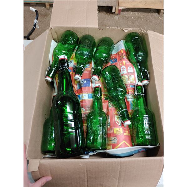 Box of Green Glass Grolsch Re-Capable Beer Bottles