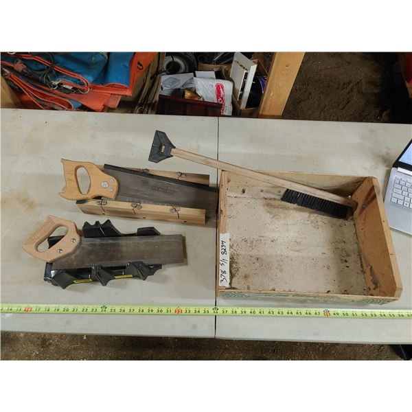 Wooden Fruit Box, 2 Saws With Miter Boxes and Snow Brush
