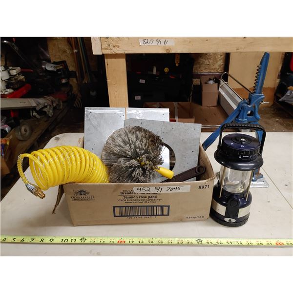 Box of Misc. Items, Air Hose, Lantern Etc.