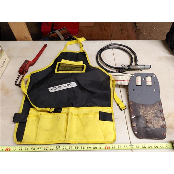 Box of Misc. Items, Tool Apron, Tire Down, Trailer Harness Etc.