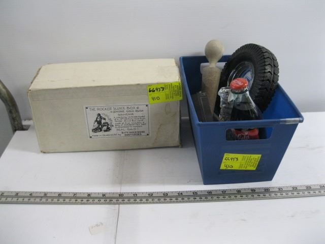 ROCKER SLUICE BOX GOLD RUSH SOUVENIER & A BIN OF MISC. COKE BOTTLE ...