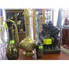 Image 1 : 3 BRASS PIECES, 2 VASES & A TEAPOT & A CERMIC FIGURINE "YOUR PLACE OR MINE"