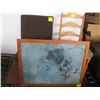 Image 1 : UPHOLSTERED CHAIR, A FRAMED PAINTING & A WOODEN LADDERBACK CHAIR