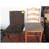 Image 2 : UPHOLSTERED CHAIR, A FRAMED PAINTING & A WOODEN LADDERBACK CHAIR