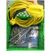Image 2 : PLASTIC BIN WITH MISC. ANCHORS, EXTENSION CORD, SURVIVAL BLANKETS, ETC.