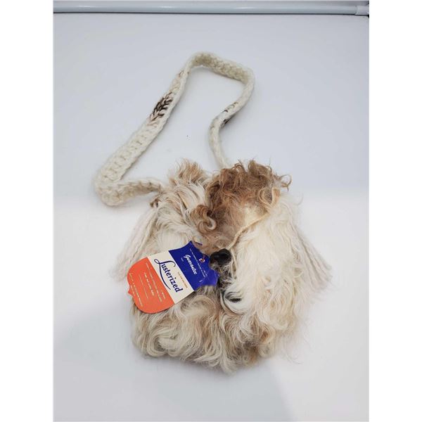 NEW-VINTAGE CANADIAN - Lusterized Sheep Skin & Fur Handbag with Bone Shaped Button Closure & Macrame