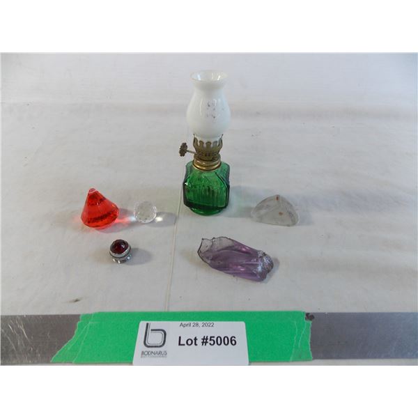 Mini green glass lamp with milk glass chimney + misc