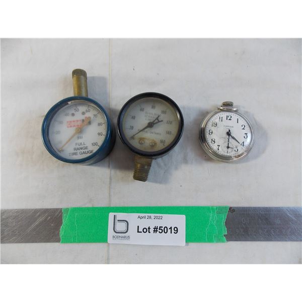 Pocket watch, tire + pressure gauges