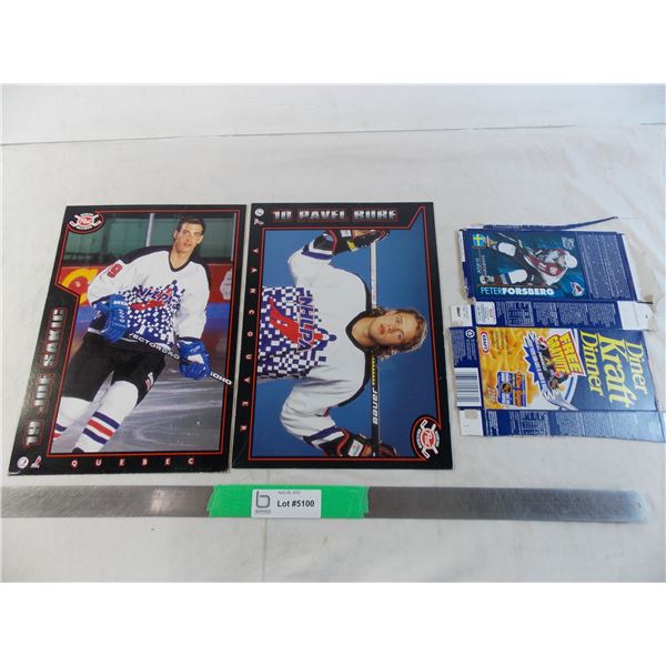 Joe Sakic + Pavel Bure cereal box cutouts + Forsberg Kraft dinner box