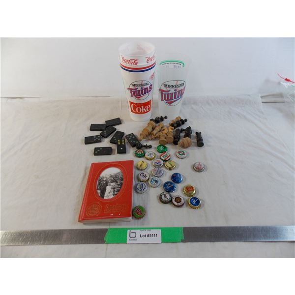 Coca Cola Cups, Misc Bottle caps, wood chess pieces, family photo album black and white photos from 