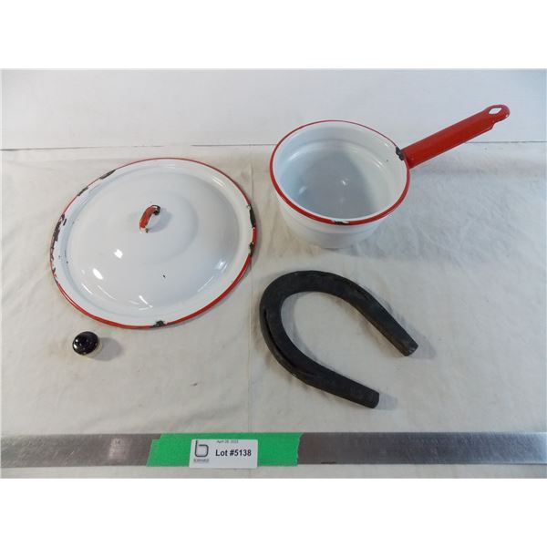 Enamel Pot, lid, horseshoe