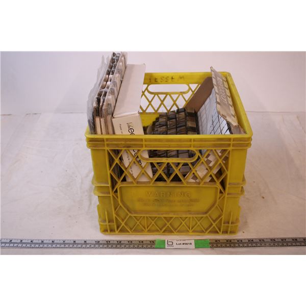 Backsplash tiles (6 brown) (3 black&white) with plastic crate