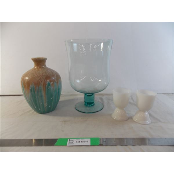 Vases, milk glass, large blue glass bowl