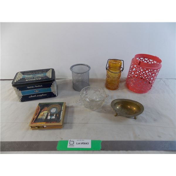 Tin Chalk container, misc containers, matchbook box