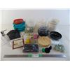 Image 1 : bag of marbles, plastic containers, misc kitchen/household items