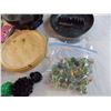 Image 6 : bag of marbles, plastic containers, misc kitchen/household items