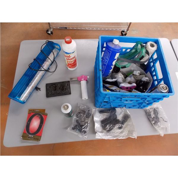 *Milk crate with hardware (clamps, hoses) + misc