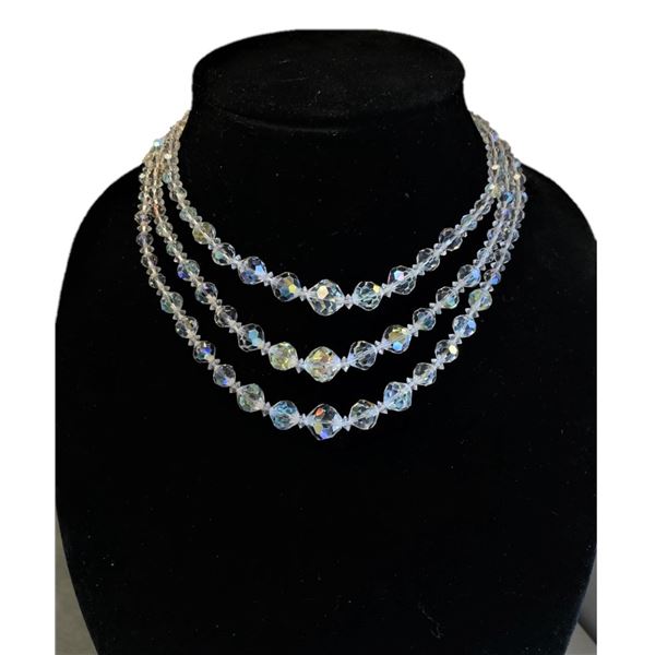 Aurora Borealis Crystal Bead Necklace,  Three Strands,  Mid Century and Adjustable
