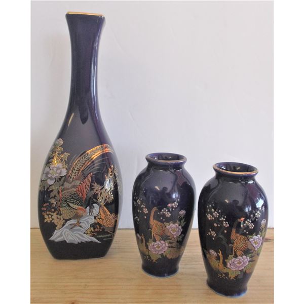 Blue Vases with Birds - Two Small One Large