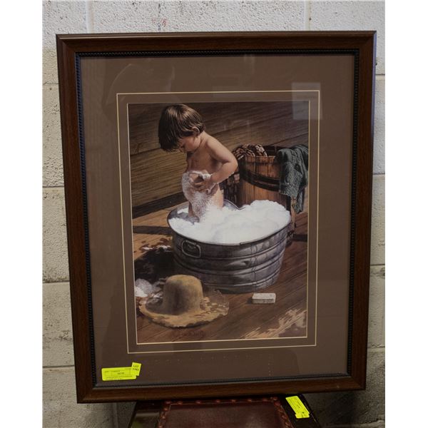 TODDLER BOY IN WASH BASIN FRAMED  (21" X 26")