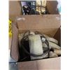 Image 2 : 3 BOXES ELECTRIC AIR COMPRESSOR, LIFTING STRAPS, RAIN GEAR, TOOLS