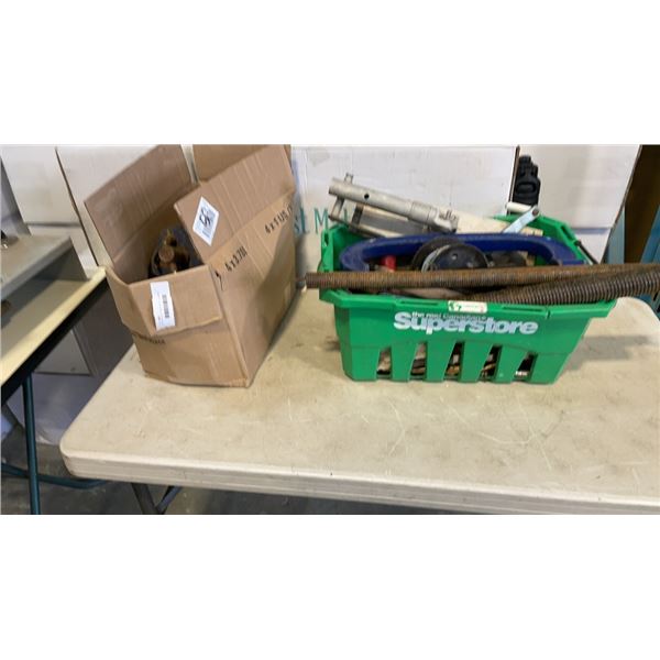 BOX AND BIN OF SAWBLADES, HAMMERS, FILES, CLAMPS, SHOP SUPPLIES