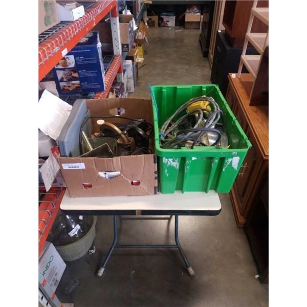 TOTE AND BOX OF TOOLS, HARDWARE FASTENERS AND ELECTRICAL