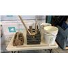 Image 1 : CRATE, 2 PAILS AND WOOD TRAY FO IRON HARDWARE, TRAILER HITCHES, PIPE FITTINGS