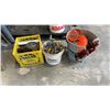 Image 1 : 2 PAILS AND YELLOW CRATE OF PIPE WRENCHES, HAMMERS, METAL HARDWARE, SAW BLADES AND SHOP SUPPLIES