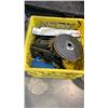 Image 2 : 2 PAILS AND YELLOW CRATE OF PIPE WRENCHES, HAMMERS, METAL HARDWARE, SAW BLADES AND SHOP SUPPLIES