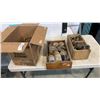 Image 1 : 2 WOOD TRAYS AND BOX OF IRON PARTS, WHEELS