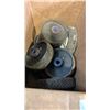 Image 2 : 2 WOOD TRAYS AND BOX OF IRON PARTS, WHEELS