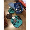 Image 1 : TOTE OF ROLLING DUFFEL BAGS, TOOLED LEATHER BELTS, WINDHSIELD REFLECTOR